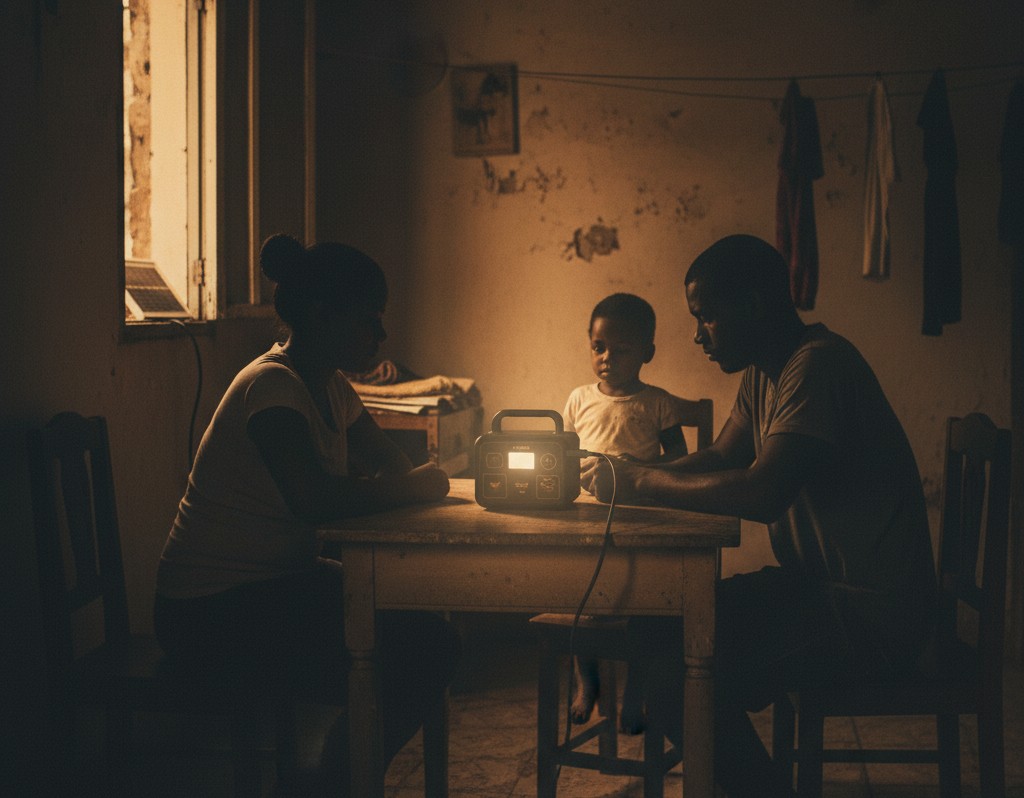 Familia en Cuba con planta eléctrica portátil durante un apagón